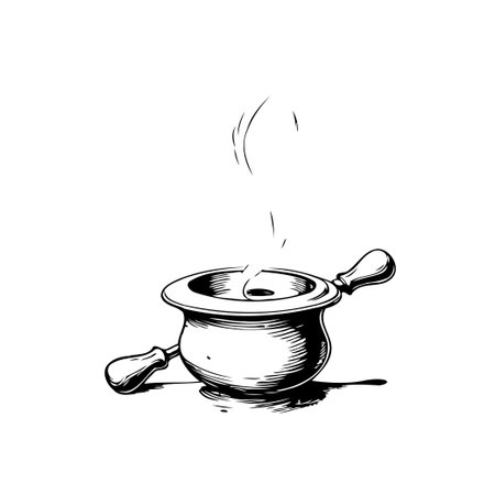 A hand-drawn illustration of a pot gently simmering, rendered in monochrome. The detailed sketch conveys a sense of warmth and culinary preparation. Perfect for depicting traditional cooking methodsのイラスト素材