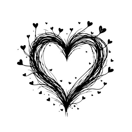 A heart symbol rendered in an abstract style with tangled branches and little heart-shaped leaves evokes feelings of love and connection. Its black and white design is versatile and suitable for aのイラスト素材