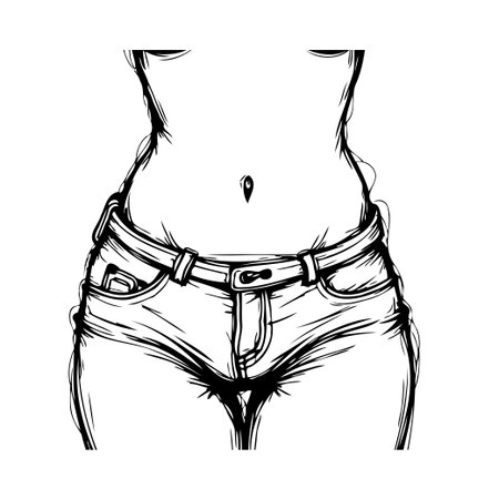 An ink drawing vividly portrays a woman's torso, adorned with stylish denim shorts and a fitted belt. The artwork highlights the contours of the female form, showcasing a blend of elegance andのイラスト素材
