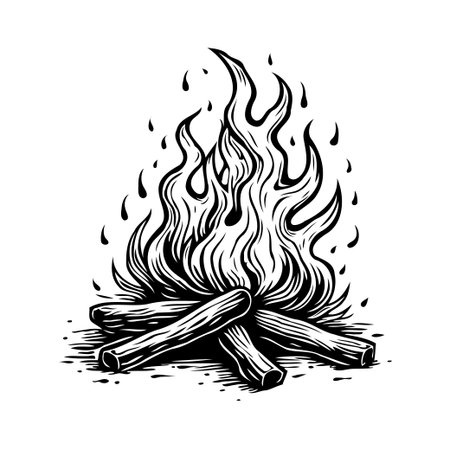 This black and white illustration depicts a blazing campfire, radiating warmth and inviting feelings of cozy nights under the stars. The graphic design element suggests outdoor adventures, while theのイラスト素材