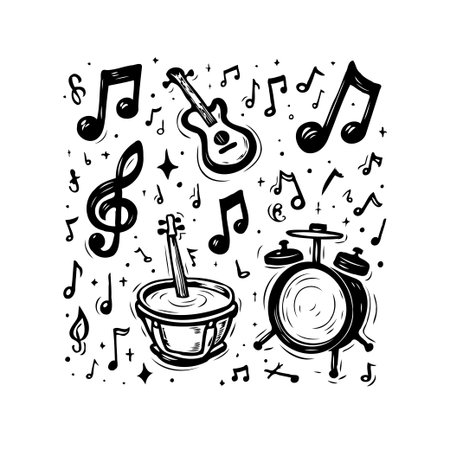 A whimsical hand-drawn illustration showcasing a variety of musical instruments and notes. The stylized design features a guitar and drums, with musical notes floating around them, all rendered inのイラスト素材