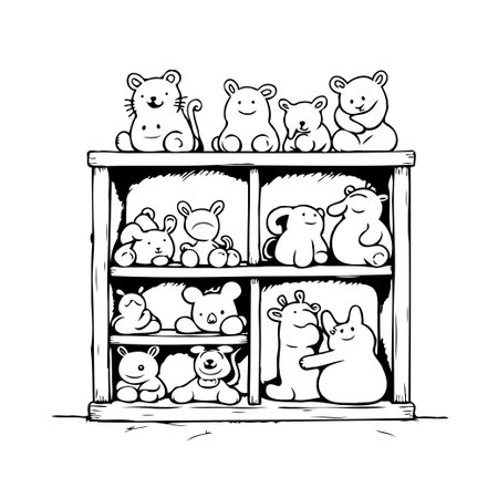 A delightful hand-drawn illustration showcasing a collection of cute stuffed animals arranged on wooden shelves. The monochrome design and simple line art evoke a sense of childlike wonder, perfectのイラスト素材