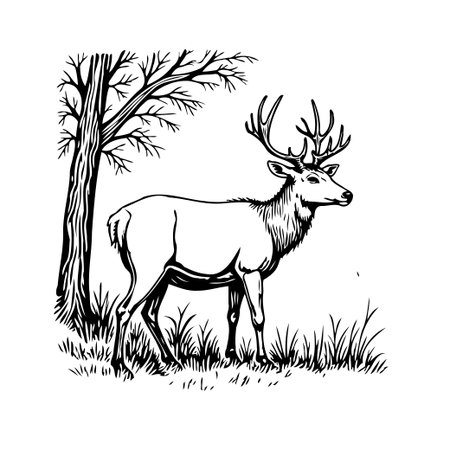 Elegant black and white illustration showcasing a magnificent deer gracefully standing under a bare winter tree. Evokes the beauty of the natural world and peaceful moments in the wilderness.のイラスト素材