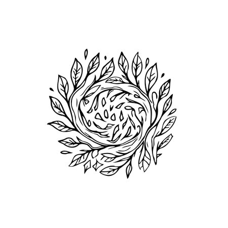 Detailed monochrome drawing showing a botanical vortex. Swirling foliage and organic elements create a natural spiral, evoking beauty and freshness. The design suggests eco-consciousness andのイラスト素材
