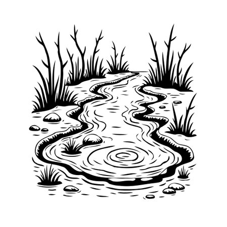 A detailed monochrome illustration capturing a serene meandering river. The artwork features intricate ripple details, surrounding natural elements like trees and rocks, offering a tranquil andのイラスト素材