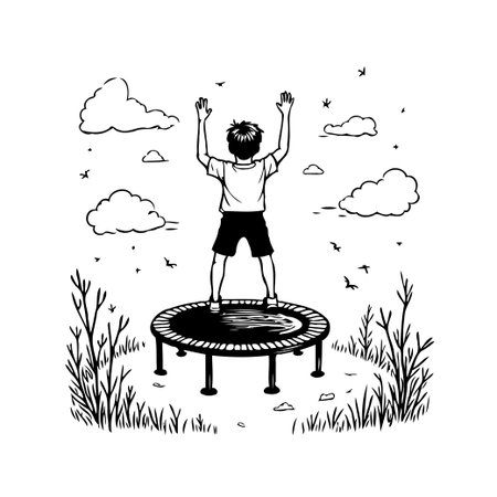 A delightful illustration captures a boy mid-jump on a trampoline, his arms raised in exuberant joy. The monochrome drawing features fluffy clouds and fluttering birds against a crisp sky, conveyingのイラスト素材