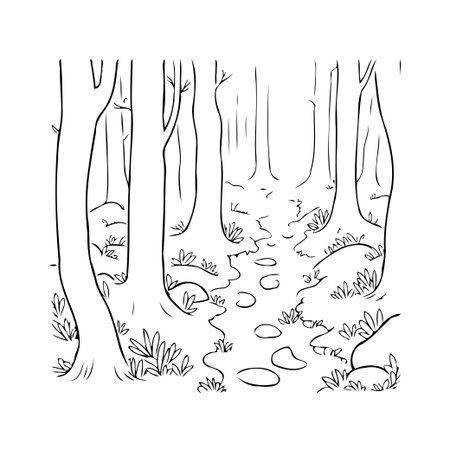 A minimalist sketch depicting a forest path, inviting viewers to contemplate nature's serene simplicity. Trees line the trail, creating a tranquil woodland scene. The design evokes a sense of calmのイラスト素材