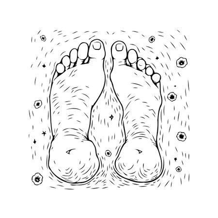 A stylized, monochrome illustration showcasing human footprints. The art piece combines anatomical accuracy with abstract and doodle-like textures creating a conceptual and artistic composition forのイラスト素材