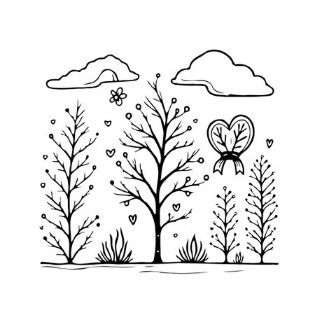 A minimalist hand-drawn illustration portraying a serene winter scene. Stylized trees, fluffy clouds, and delicate hearts create a whimsical and romantic atmosphere, enhanced by the monochromeのイラスト素材