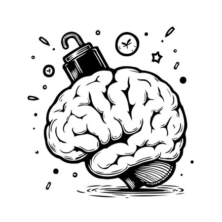 A striking monochromatic image illustrates the concept of mental pressure. A brain-shaped bomb, complete with a timer, conveys the urgency and potential danger of stress, deadlines, and overwhelmingのイラスト素材