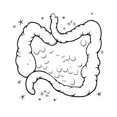 A stylized black and white illustration depicting the colon as part of the digestive system. The internal environment is filled with bubbly textures and the exterior is adorned with sparkles,のイラスト素材