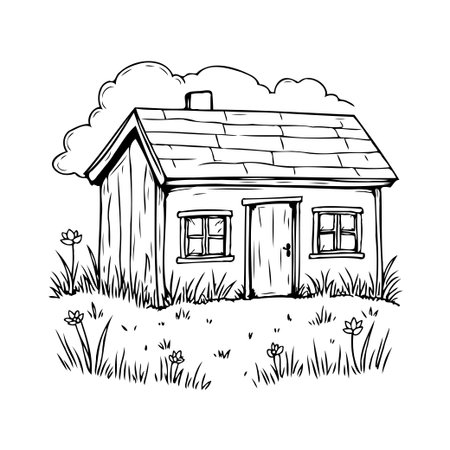 A charming monochromatic illustration depicts a quaint cottage nestled amidst a flowering meadow. The sketch style emphasizes simplicity and serenity, portraying the beauty of rural architecture andのイラスト素材