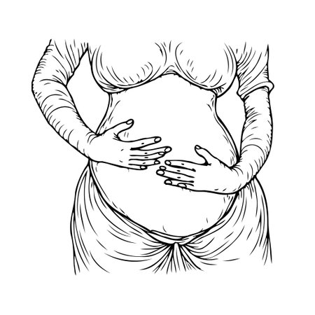 A minimalist ink drawing presents a pregnant woman tenderly holding her belly, symbolizing the anticipation and profound connection with the unborn child. It illustrates the beauty and hopeのイラスト素材
