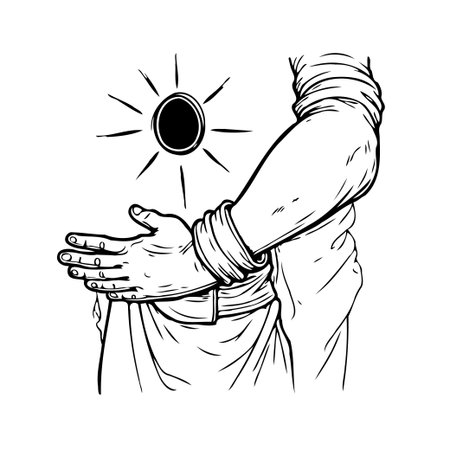 An arm extends towards a central sun, depicted with simple radiating lines. Flowing fabric drapes around the arm, conveying a sense of movement and reaching. The black and white linework creates aのイラスト素材