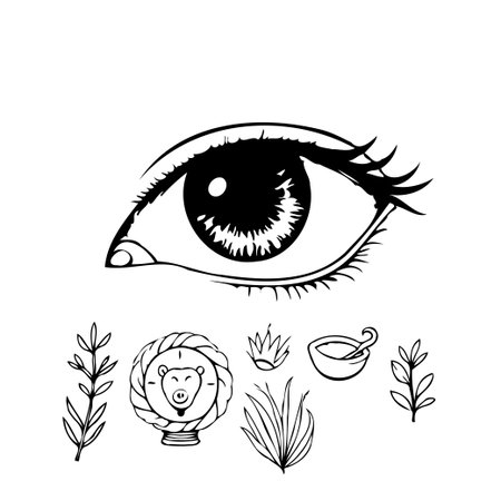 Detailed monochromatic drawing displaying a stylized eye observing a collection of nature-inspired and spiritual symbols. The composition evokes themes of introspection, hidden knowledge, and theのイラスト素材