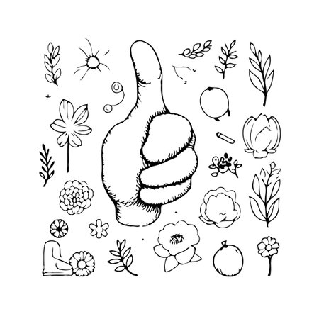 Hand-drawn illustration featuring a thumbs-up gesture surrounded by various botanical elements in a whimsical sketch style. This design is suitable for creative projects, expressing positivity, orのイラスト素材
