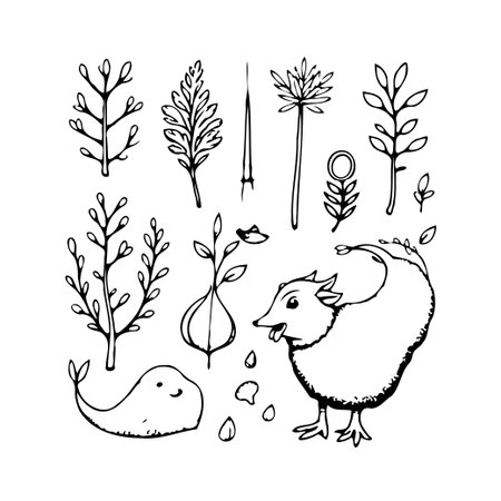 This delightful image features a collection of hand-drawn elements, including various plants, leaves, and a charming, cartoon-like creature. Created in a simple black-and-white style, it evokes aのイラスト素材