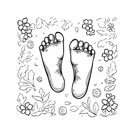 A charming black and white illustration showcases a pair of barefoot prints surrounded by delicate floral and leaf drawings. This whimsical composition evokes feelings of serenity, natureのイラスト素材