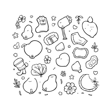 A hand-drawn doodle-style illustration features an array of everyday objects and charming elements, rendered in a clean black and white outline. This quirky and whimsical design offers a playfulのイラスト素材