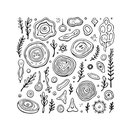 A hand-drawn illustration displays an assembly of organic shapes, botanical components, and minimalist lines. This quirky, abstract artwork features a creative collection of designs suitable forのイラスト素材
