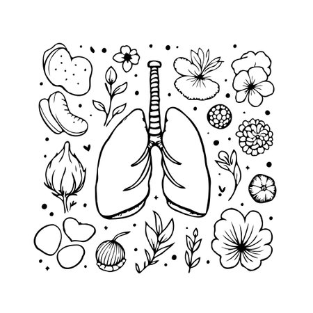 A stylized depiction of human lungs intertwined with various floral elements, representing the connection between breath, health, and natural wellness, the drawing highlighting the respiratoryのイラスト素材