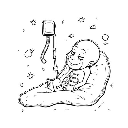 An illustration depicts a bald boy smiling contentedly while reclining on a puffy cushion attached to a high tech device. The monochromatic color enhances the dreamlike and surreal scene, amidstのイラスト素材