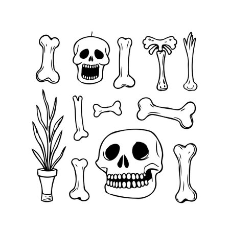 A quirky skeletal doodle composition features stylized skulls and bones interspersed with a potted...