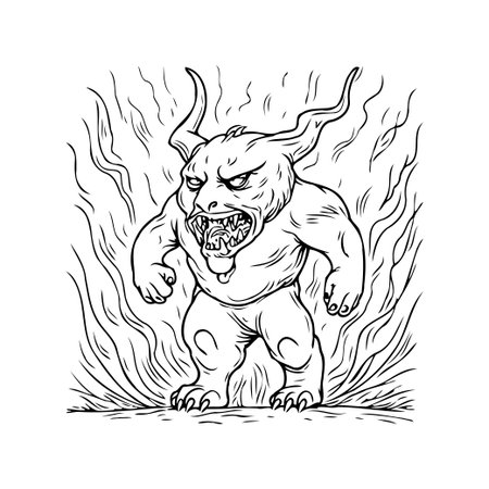 A menacing horned monster rises from swirling flames. This detailed line art drawing is ideal for coloring books and graphic designs, capturing the essence of mythical creatures and infernalのイラスト素材