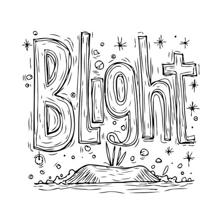 A stylized hand-drawn illustration featuring the word 'blight' atop a small mound, rendered with a textured, imperfect line style. The dark line, suggestive of decay and devastation, and highlightedのイラスト素材