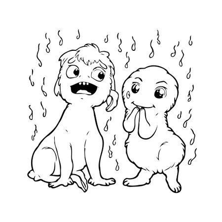 A hand-drawn style image shows two quirky cartoon monsters braving a whimsical rain. Presented in simple black and white line art, the image captures a lighthearted and fanciful mood with uniqueのイラスト素材