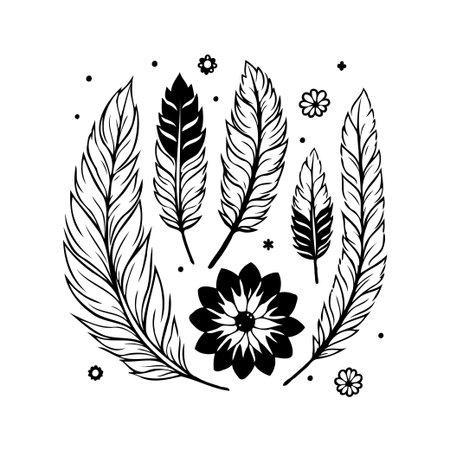 A delicate arrangement of feathers and flowers is displayed in black and white. The image evokes simplicity and elegance with a focus on line art, making it versatile for various designのイラスト素材