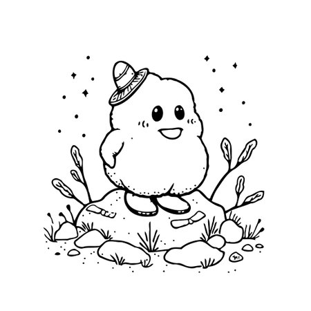 A charming black and white line art illustration depicts a cute cloud character with a tiny hat, perched on a small rock surrounded by whimsical leaves. Its cheerful expression and clean outlineのイラスト素材