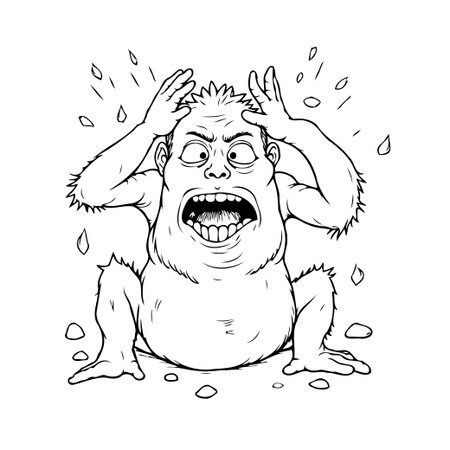A cartoon illustration depicts a distressed, monster-like creature clutching its head in what appears to be a state of shock, fear or worry. The comical style, with expressive features, captures aのイラスト素材