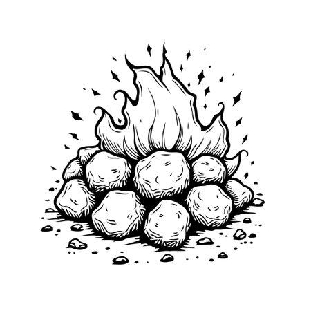 A detailed monochrome illustration showcases a blazing bonfire meticulously built with natural rocks. The vibrant flames rise, radiating heat and light, creating a captivating scene evoking feelingsのイラスト素材
