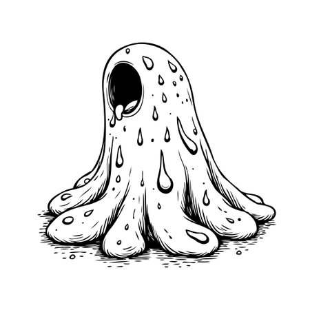 An abstract depiction features a dripping blob with an empty hole. This monochrome illustration emphasizes the idea of dissolving structure and enigmatic uncertainty. It is rendered in a unique andのイラスト素材
