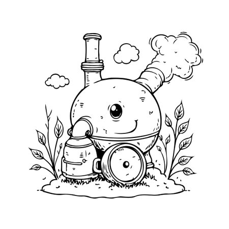 A delightful cartoon illustration featuring a flask character, brought to life with playful steam emissions and a charming demeanor. This whimsical scientific scene evokes a sense of funのイラスト素材
