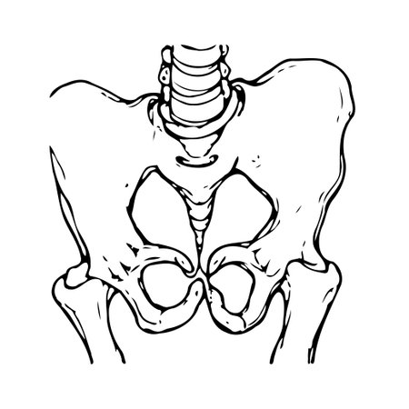 Detailed skeletal illustration of the human pelvic structure, providing a medical or educational reference for anatomy and bone structure. It highlights the ilium, ischium, pubis, and other relevantのイラスト素材