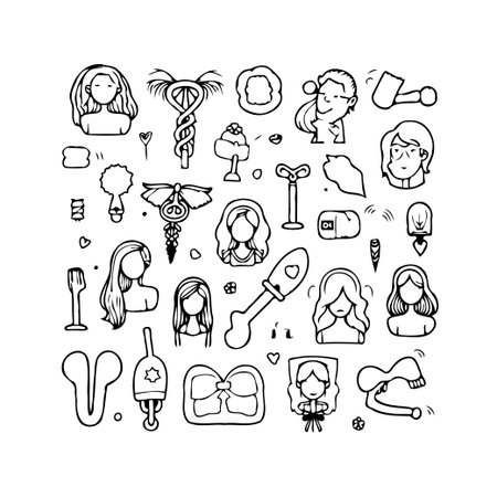 A playful line art illustration featuring a collection of whimsical doodles. This diverse assortment includes abstract symbols and portraits of women with distinct hairstyles, creating a captivatingのイラスト素材