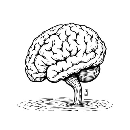 Intricate black and white illustration of a brain emerging from a body of water, symbolizing the birth of intelligence and consciousness. A visual metaphor for the power of the mind, reflectiveのイラスト素材