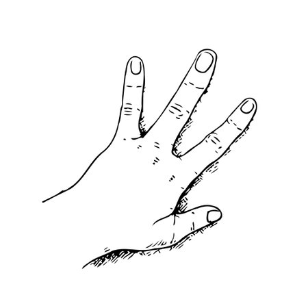 An expressive sketch of a hand gesturing with extended fingers, conveying a sense of articulation and representation against a stark white backdrop. The monochromatic line art emphasizes theのイラスト素材