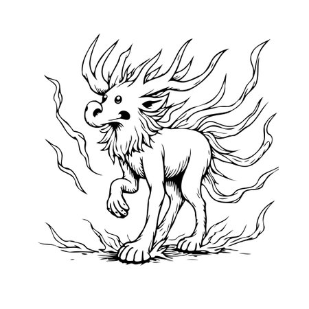 A hand-drawn depiction of a mythical creature with stylized antlers and quirky features, evokes a sense of playful fantasy. This fantastical illustration is perfect for adding a touch of whimsicalのイラスト素材