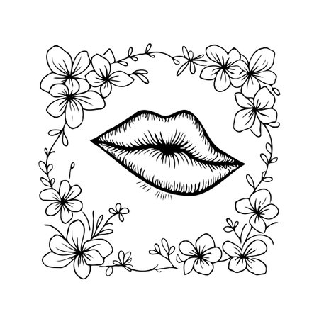 Detailed line art illustration featuring expressive lips gracefully framed by a delicate arrangement of blooming flowers. This botanical design encapsulates a sense of romantic beauty and feminineのイラスト素材