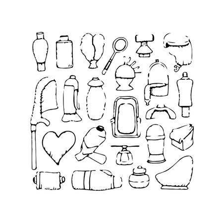 This charming image showcases a collection of hand-sketched kitchenware and domestic objects. The simple, monochrome design offers a minimalist aesthetic, perfect for adding an artistic touch toのイラスト素材