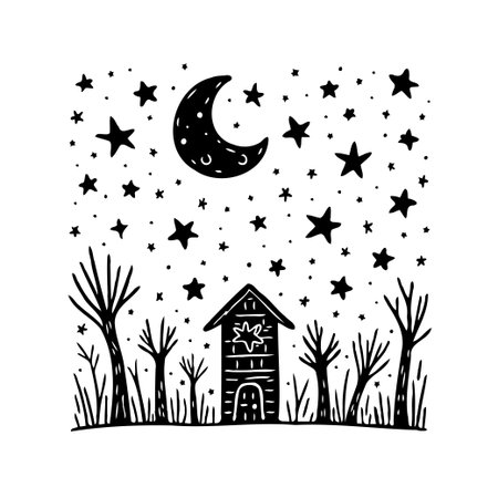 A hand-drawn illustration depicts a quaint house nestled among bare trees under a starry night sky. A crescent moon shines brightly, creating a whimsical and serene scene. This monochrome artworkのイラスト素材