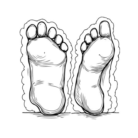 An artistic rendering showcasing two human feet in a detailed linework style, set against a uniquely designed cloud-like border adding an ethereal quality. The drawing emphasizes foot anatomy andのイラスト素材