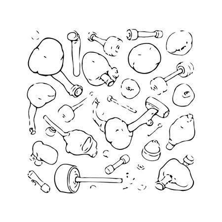 This unique illustration showcases a cluster of abstract shapes rendered in a playful, hand-drawn style. The black and white contrast highlights the whimsical nature of the design, creating aのイラスト素材