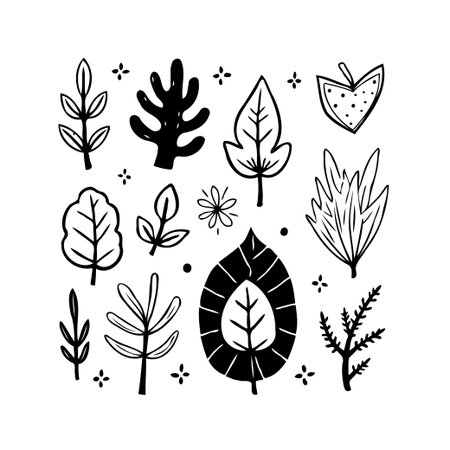 Unique hand-drawn botanical collection. Features a curated selection of leaves, branches, and foliage elements perfect for adding a touch of organic elegance to design projects. The simple, graphicのイラスト素材