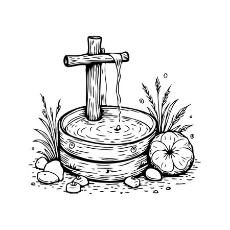 Serene hand-drawn illustration of a rustic water feature surrounded by botanical elements and smooth stones. This artwork evokes a sense of tranquility and zen, perfect for designs that seek aのイラスト素材