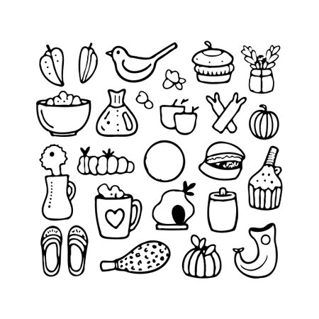 A delightful hand-drawn illustration featuring a collection of whimsical everyday objects. The black and white design exudes charm and simplicity, creating a visually appealing scene filled withのイラスト素材