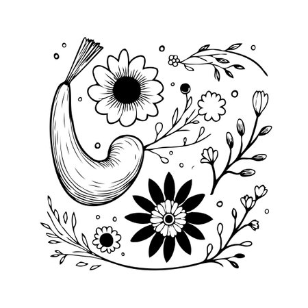 A minimalist monochrome illustration featuring a harmonious blend of stylized floral outlines, creating an elegant and organic design. The composition showcases a collection of blossoms, petals,のイラスト素材